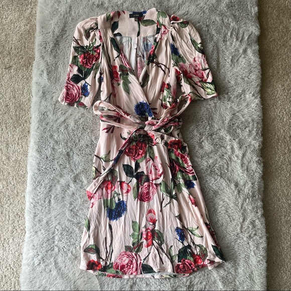 AFRM Floral Wrap Tie Dress beach coverup XS puff shoulder pink rose - Picture 3 of 17